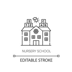 Nursery school pixel perfect linear icon. Play school, day care for children, kindergarten thin line customizable illustration. Contour symbol. Vector isolated outline drawing. Editable stroke