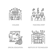 Higher education pixel perfect linear icons set. Institute of technology, college. Learning conditions Customizable thin line contour symbols. Isolated vector outline illustrations. Editable stroke