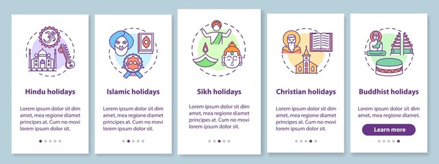 Indian religious holidays onboarding mobile app page screen with concepts. Public holidays in India. Walkthrough 5 steps graphic instructions. UI vector template with RGB color illustrations