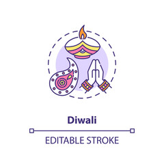 Diwali concept icon. National indian holiday, festival of lights idea thin line illustration. Deepavali celebration. Candle and rangoli vector isolated outline RGB color drawing. Editable stroke