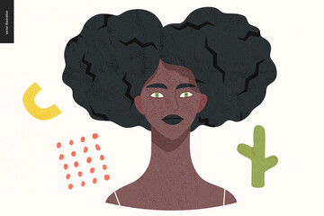 Beautiful people portrait - hand drawn flat style vector design concept illustration of a young black woman with afro hair, face and shoulders avatar with texture. Flat style vector icon
