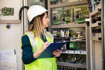 Young businesswoman standing in front of the control panel in the control room.