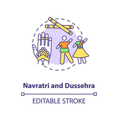 Navratri and dussehra concept icon. Hindu festival idea thin line illustration. Traditional indian accessories and celebrating people vector isolated outline RGB color drawing. Editable stroke