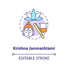 Krishna janmashtami concept icon. National indian festival, Krishna worship day idea thin line illustration. Religious holiday celebration. Vector isolated outline RGB color drawing. Editable stroke