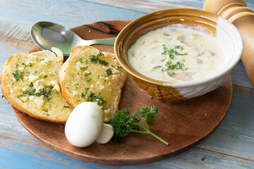 Garlic Bread and Cream Mushroom Soup