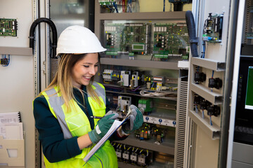 Young businesswoman standing in front of the control panel in the control room.