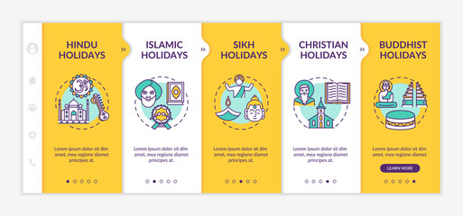 Indian religious holidays onboarding vector template. Hindu and Islamic holidays. Public holidays in India. Responsive mobile website with icons. Webpage walkthrough step screens. RGB color concept