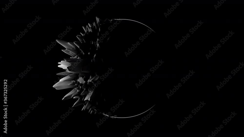 Poster Black and white ferrofluid deforming organic blob. 3d rendering abstract background with copy space. Black and white liquid shape 3D 4K seamless loop animation. 