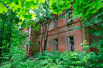 Abandoned school building in resettled village of Babchin in exclusion zone of Chernobyl nuclear power plant, Belarus