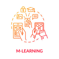 M learning concept icon. Apps for studying. Education platforms. Distance learning. Technologies in education idea thin line illustration. Vector isolated outline RGB color drawing