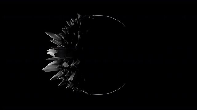 Black and white ferrofluid deforming organic blob. 3d rendering abstract background with copy space. Black and white liquid shape 3D 4K seamless loop animation. 