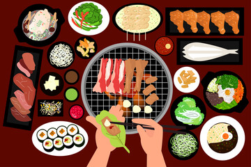 illustration of the appearance of Korean food. illustration of bbq and other popular korean food