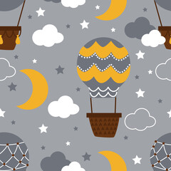 seamless pattern with hot air balloon and moon - vector illustration, eps