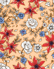 Graphic bright floral pattern with red lilies and rose flowers and beige background.