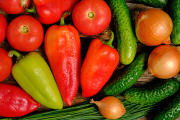 Fresh vegetables, tomatoes,cucumbers, bell peppers and onions.