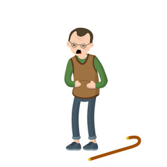 Old man holding his stomach. Senior with griping. Elderly man sick. Vector illustration flat design.