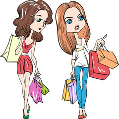 Vector cute fashion girls with shopping bags