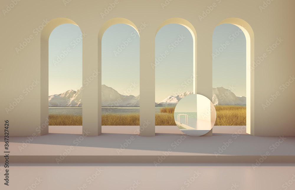 Poster abstract winter scene with geometrical forms, arch with a podium in lake view. minimal 3d landscape 