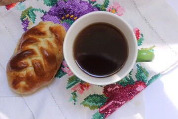 cup of tea and pie in boho, ethnic style background