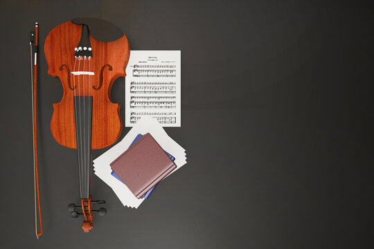 Violin and empty paper for notes chords  on a table, Concept image for classical music instrument. background with copy space for your text, 3d illustration.
