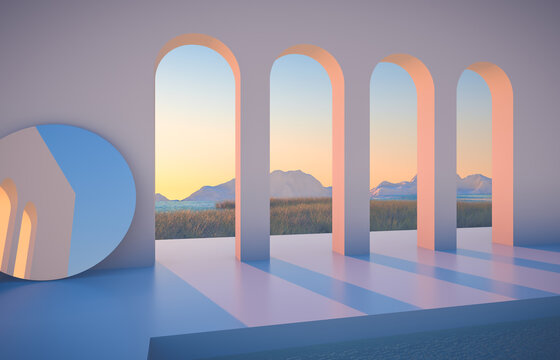 Abstract winter scene with geometrical forms, arch with a podium in lake view. minimal 3d landscape background. 