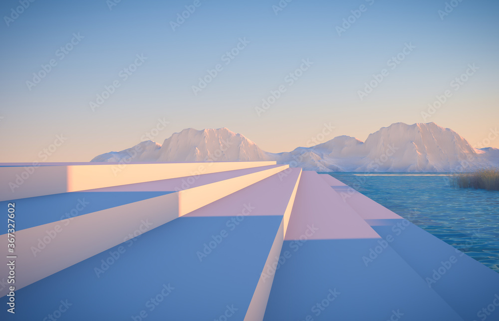 Poster abstract winter scene with geometrical forms, a podium in lake view. minimal 3d landscape background