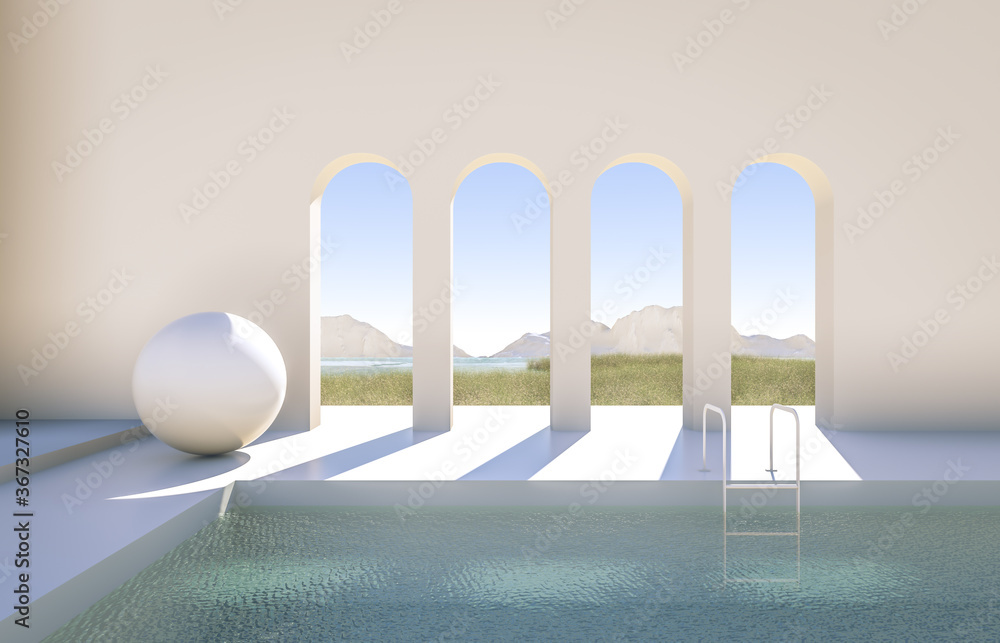 Poster abstract winter scene with geometrical forms, arch with a podium in lake view. minimal 3d landscape 