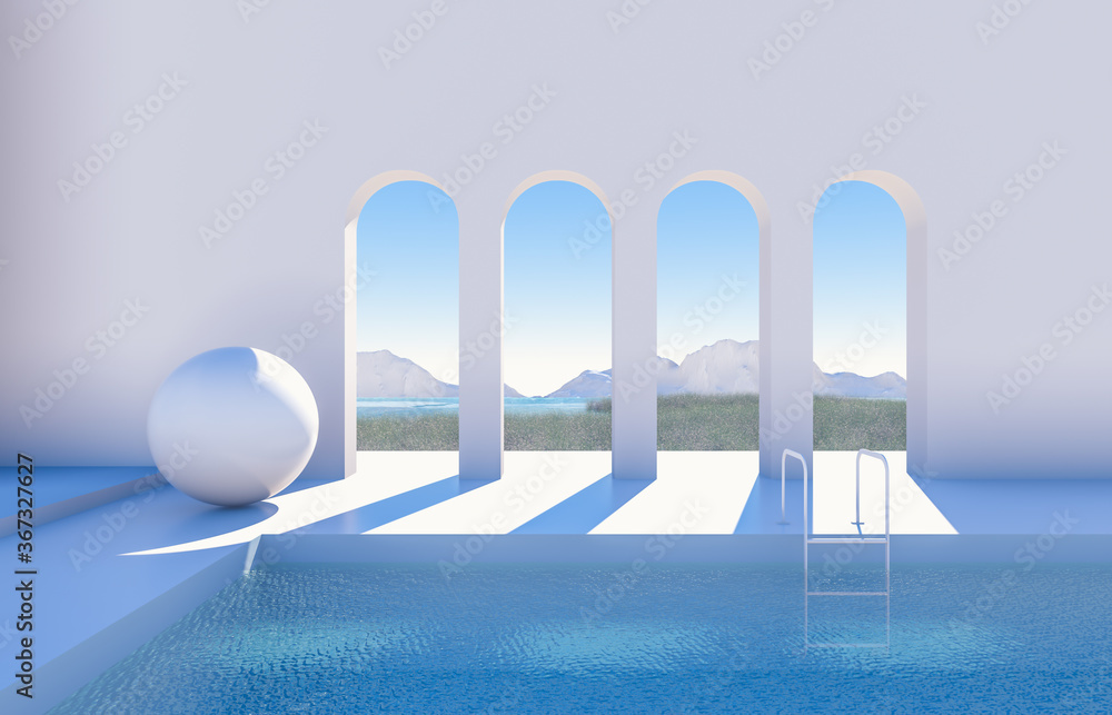 Poster abstract winter scene with geometrical forms, arch with a podium in lake view. minimal 3d landscape 