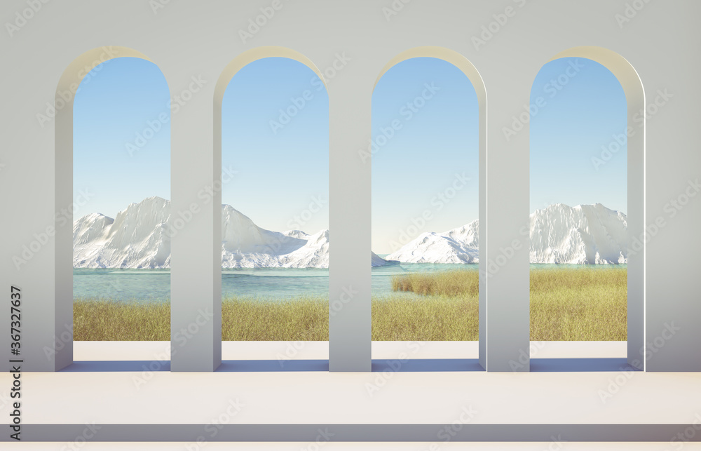 Poster Abstract winter scene with geometrical forms, arch with a podium in lake view. minimal 3d landscape background. 