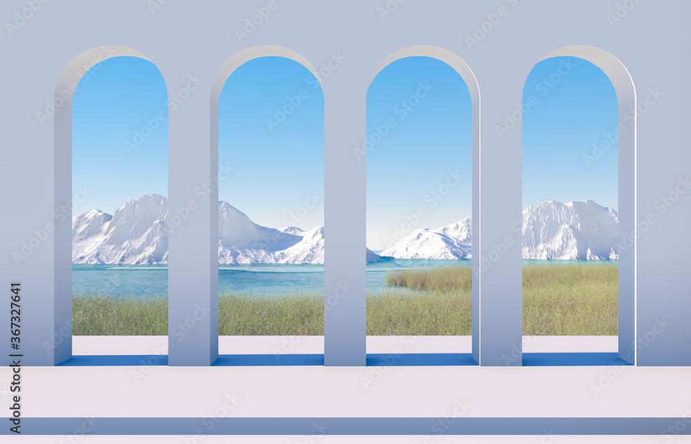 Poster abstract winter scene with geometrical forms, arch with a podium in lake view. minimal 3d landscape 