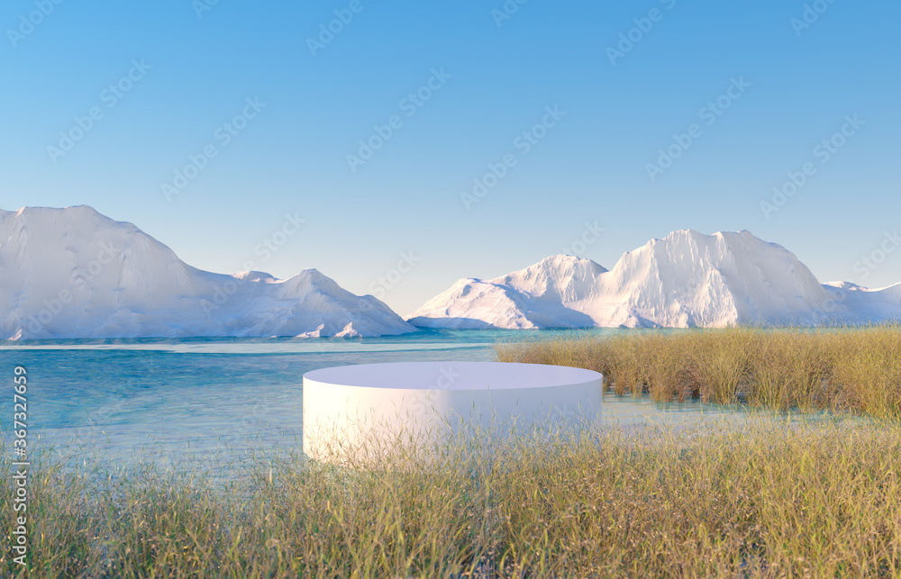 Aufkleber abstract winter scene with a podium in lake view. minimal 3d landscape background.
