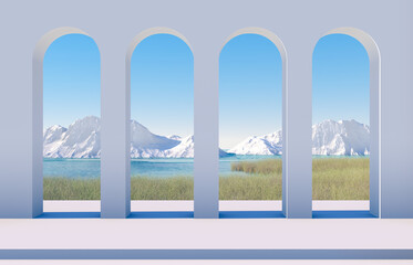 Abstract winter scene with geometrical forms, arch with a podium in lake view. minimal 3d landscape background. 