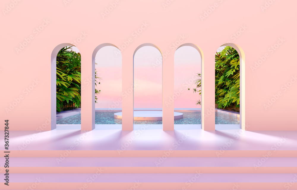Aufkleber Abstract 3d scene with geometrical forms, arch with a poidum in garden and water view.