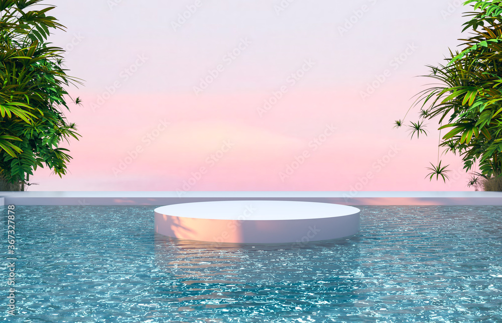 Poster abstract 3d scene with a cylinder podium backdrop in garden and water view.