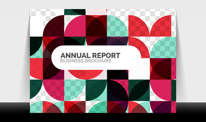 Horizontal A4 business flyer annual report template, circles and triangle style shapes modern geometric design for brochure layout, magazine or booklet