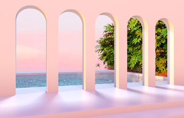 Abstract 3d scene with geometrical forms, arch with a poidum in garden and water view.