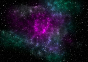 Night sky with stars and nebula. Green and purple starry sky background.