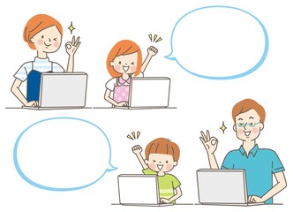 笑顔の親子とパソコン