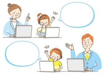 笑顔の親子とパソコン