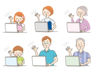 パソコンと驚く家族の表情セット