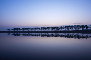 The beautiful landscape of tree line silhouette and reflection on the water in sun risetime.