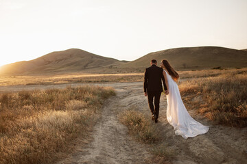 Wedding couple holding hands walks along a path in the field under the sunset mountains in a golden light. Bride with luxury flowing hem walks in safari holding hand of her lover and smiling. © Damien