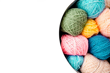 Colorful Balls of wool with knitting needles on white background,hobby and free time concept. Yarns for knitting