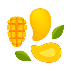 mango ripe and slice isolated on white background, yellow mango slice half cut piece, illustration mango fruit and section slice for clip art
