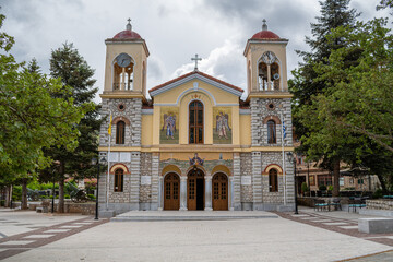 Kalavrita, Greece - June 6 2020: Church of Assumption of Theotokos at the central square of Kalavryta