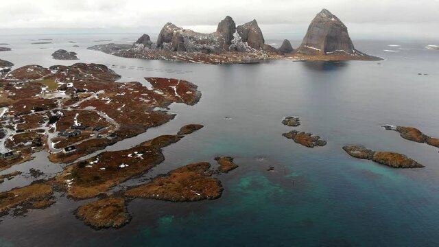 Aerial View of the Coast and Rocks of Traena Island, Norway