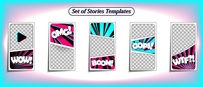 Vector colorful background in pop art retro comic style. Vector trendy editable set of templates for social media networks stories. Modern design backgrounds for flyers, cards, posters. 