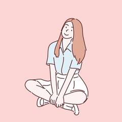 Pretty girl smiling and sitting. Hand drawn style vector.