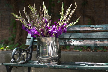 Gladiolen Schwertliliengewächs Gefäßpflanzen Garten Alte Gartenbank
Gartenbank Vase Lila Silber Deko Blühte Frühling Blumen Lack 
