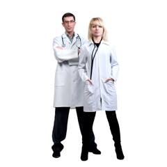 Man and woman in white coats of doctors with stethoscopes on a white background in isolation